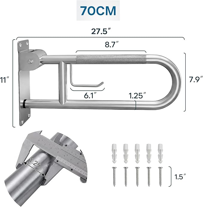 28-Inch Foldable Shower Grab Bar – 90° Flip-Up Design, Premium 304 Stainless Steel, Anti-Slip Grip with Built-in Paper Holder, Wall-Mounted Handicap Safety Rail, Supports 350–400 lbs