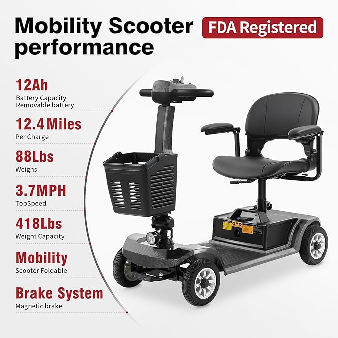 Easy-to-Operate Mobility Scooter for Seniors, 418 lb Weight Capacity, 20KM Long Range, 5-Step Quick Assembly & Folding, FDA Registered