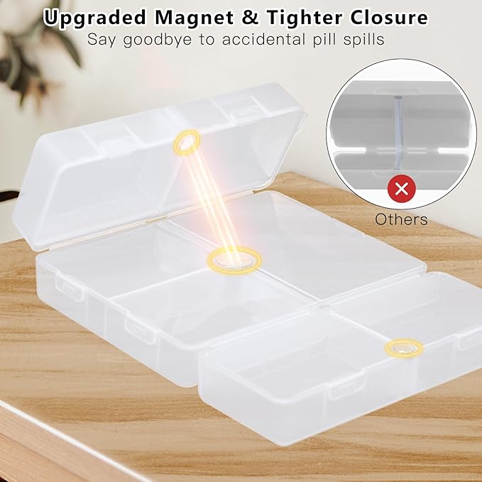 FYY 2 Pcs Daily Pill Organizer, 7 Compartments Portable Pill Case Travel Pill Organizer,[Folding Design] Pill Box for Purse Pocket to Hold Vitamins,Cod Liver Oil,Supplements and Medication-Clear