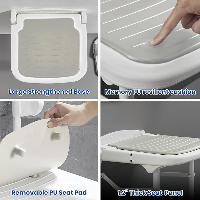 Wall Mounted Shower Seats w/PU Cushion Support 550lbs, Adjustable Height Folding Shower Chair Wall Mounted for Elderly-Adults-Pregnants-Seniors-Disabled