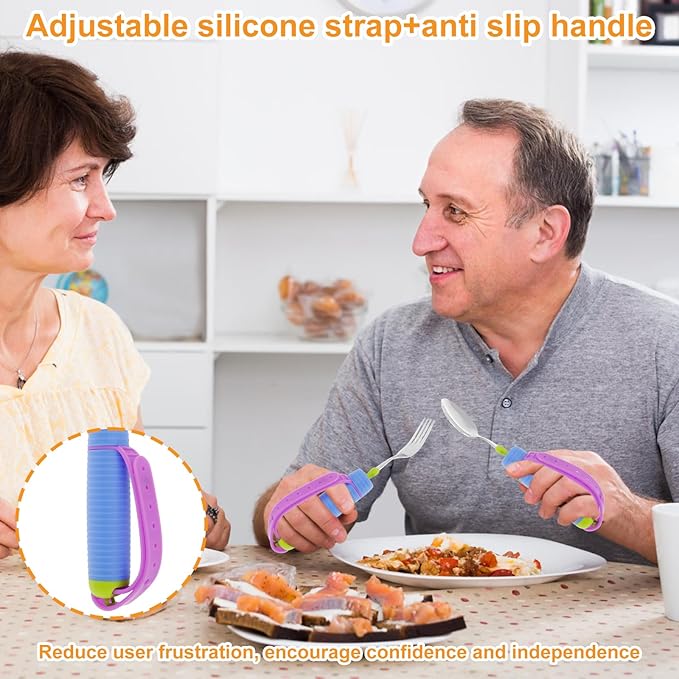 Adaptive Utensils for Elderly, Built Up Bendable Fork, Easy Grip Silverware for Hand Tremors, Weak Hand Grip & Handicapped, Arthritic Hands - Non-Slip Handles, Adaptive Spoon and Fork for Disability