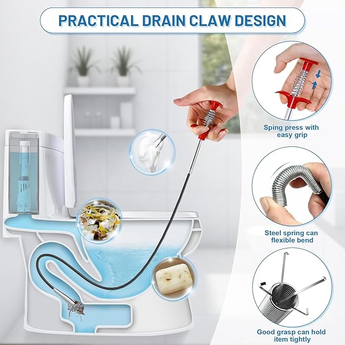 33 Inch Drain Snake Clog Remover, Flexible 4-Claw Grabber Tool, Toilet Sink Shower Drain Cleaner for Hair Removal