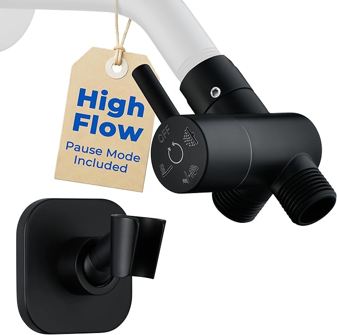 G-Promise All Metal High Flow Shower Diverter Valve with Adjustable Shower Head Holder, Universal 3-Way Splitter with Pause Mode for Handheld and Fixed Spray Head Adapter Replacement (Matte Black)