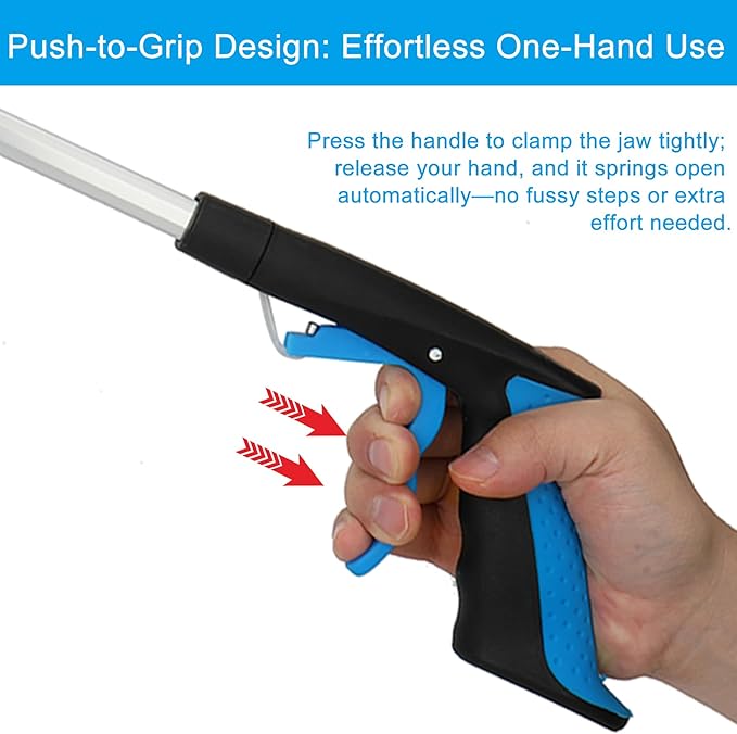 4 Pack Reacher Grabber Set: 32" Foldable Pick Up Tool with Magnet (Blue/Yellow), 16" Stainless Steel & 12" Mini Iron Grabber, 360° Rotating Head Trash Picker for Seniors & Garden