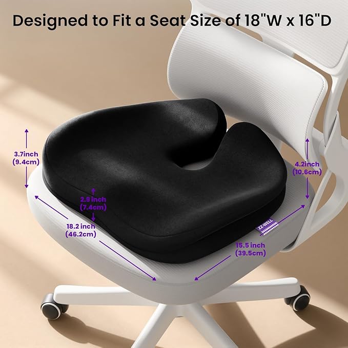 ZZ-WELL Seat Cushions for Office Chairs, Car Seat - Patented Coccyx Cushion for Tailbone Pain - Memory Foam Butt Cushion for Pressure Relief - Carry Handle & Non Slip Bottom (Black)