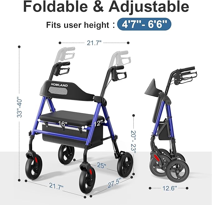 HOMLAND Foldable Rollator Walkers with Seat for Seniors, 8'' Big Wheels, 350 lb. Weight Capacity, Adjustable Handles and Seat Height, Lightweight Rolling Walker, Blue