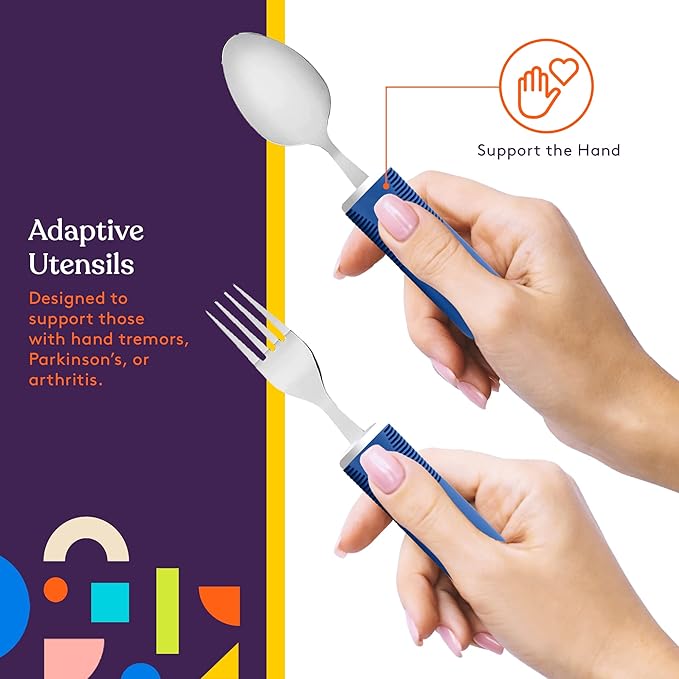 Special Supplies Adaptive Utensils (5-Piece Kitchen Set) Wide, Non-Weighted, Non-Slip Handles for Hand Tremors, Arthritis, Parkinson’s or Elderly Use - Stainless Steel (Blue)