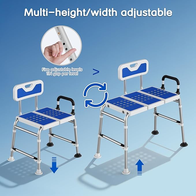 Bathtub Transfer Bench Shower Chair for Inside Tub Heavy-Duty Adjustable Width & Height Handicap Bath Chair with Extended Shower Seat and Reversible Backrest for Seniors, Elderly & Disabled