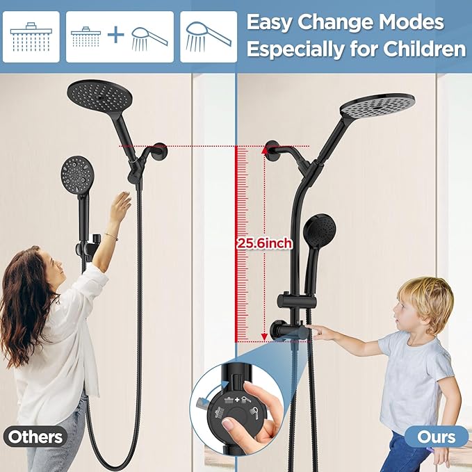 MakeFit Drill-free Dual Shower Head with Handheld Combo Rainfall Shower Head Easy Reach 3-way Diverter Stainless Steel Slide Bar with Height Adjustable Holder Adjustable Rain Showerhead (Black)