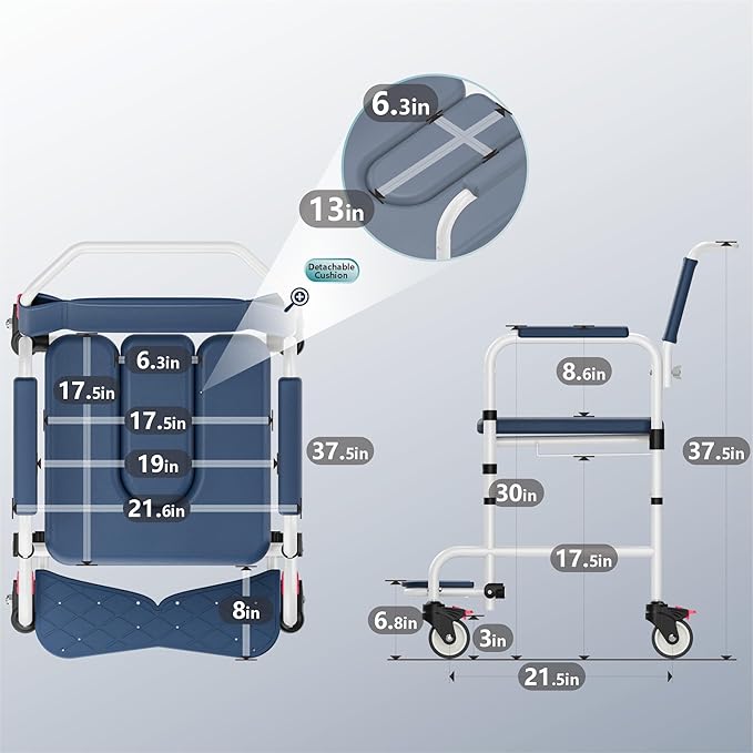 Shower Chair with Wheels, Two Modes Bedside Commode with Wheels, Aluminum Shower Wheelchair with Footrest, Portable Toilet with Bucket for Elderly and Disabled, 300 LBS Weight Capacity