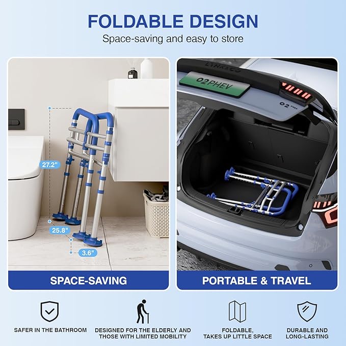 Loyoda Foldable Toilet Safety Rails for Seniors - Adjustable Toilet Safety Frame & Toilet Handles for Elderly & Disabled, Fits Most Toilets, 350lb Capacity, Blue