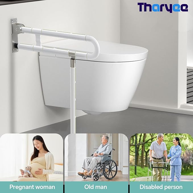 Toilet Grab Bar 23.6 Inch, Anti-Slip Support Rail U Shaped Flip-Up Grab Bar with Luminous, Stainless Steel Handicap Bathroom Safety Handrails for Elderly (White, 23.6 inch with Leg Anti-Slip)