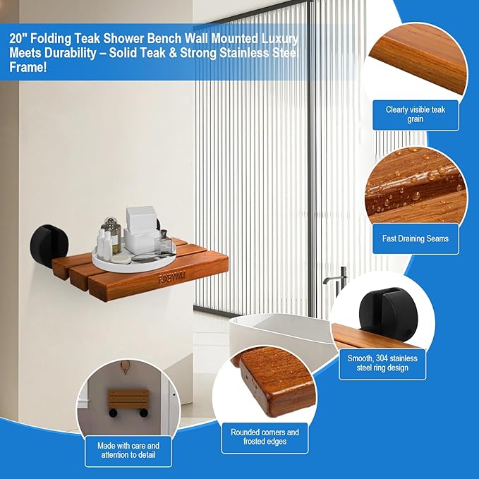 20" Shower Seat Teak Shower Bench, Wall Mounted Fold Down Shower Seats for Adults, Shower Seats for Adults a 400 lbs Capacity, Rust-Resistant Teak Folding Seat Suitable for Indoor Outdoor Use.