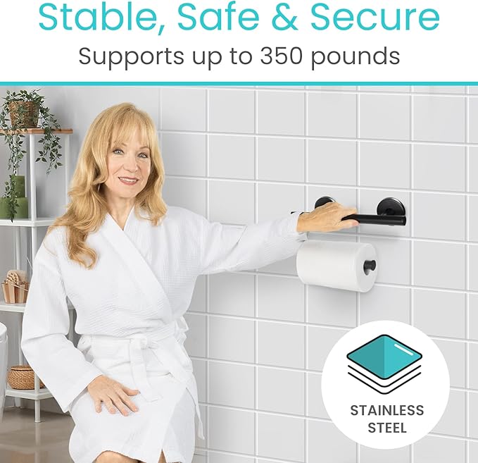 Vive Grab Bar with Toilet Paper Holder (350lbs) - Handrail Bar Combo for Bathroom Wall - Safety Support for Elderly, Seniors & Disabled - Handicap Assist for Restroom Walls & Getting up from Toilets