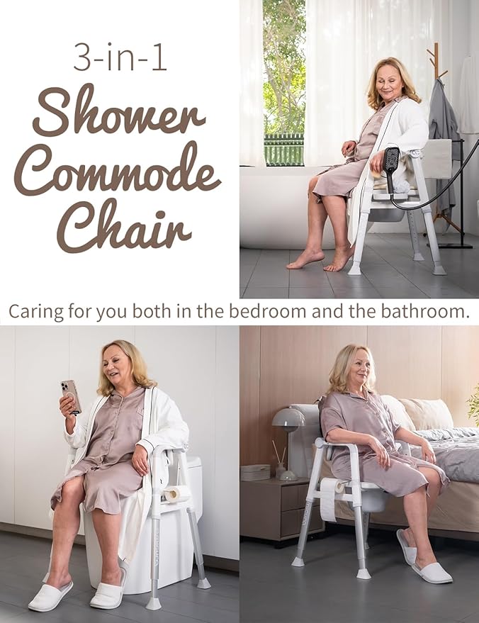 3-in-1 Bedside Commode Shower Chair with Liftable Arm Anti-Splash Bucket Extra-Wide Padded Adjustable Raised Toilet Seat for Seniors up to 300 lbs. Potty Chair for Toilet (Blue)