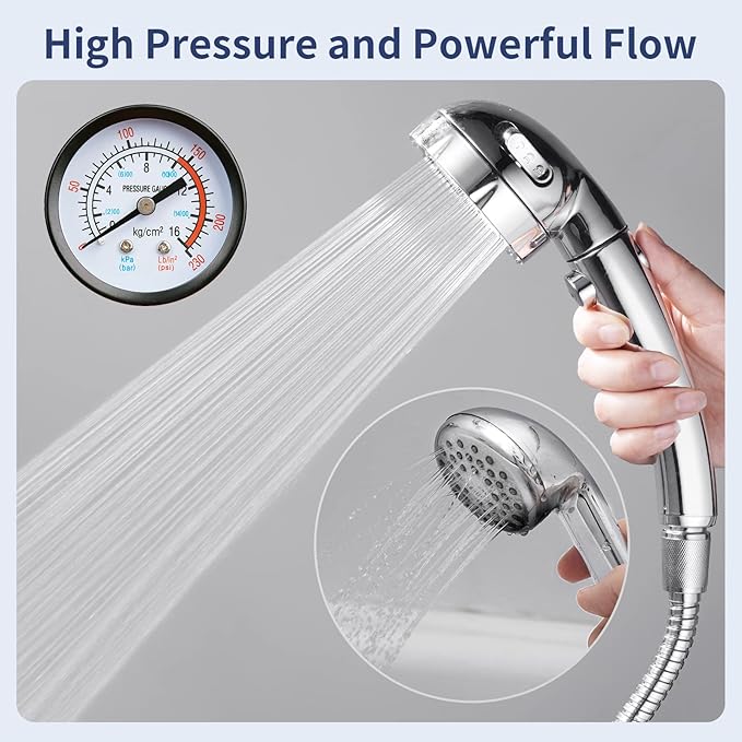 HANLIAN High Pressure Shower Head with Pause Button, 3 Spray Modes Shower Head for RV Camper, Water Saving On Off Shower, Handheld Shower Head with Hose and Adjustable Self-adhesive Holder (Chrome)