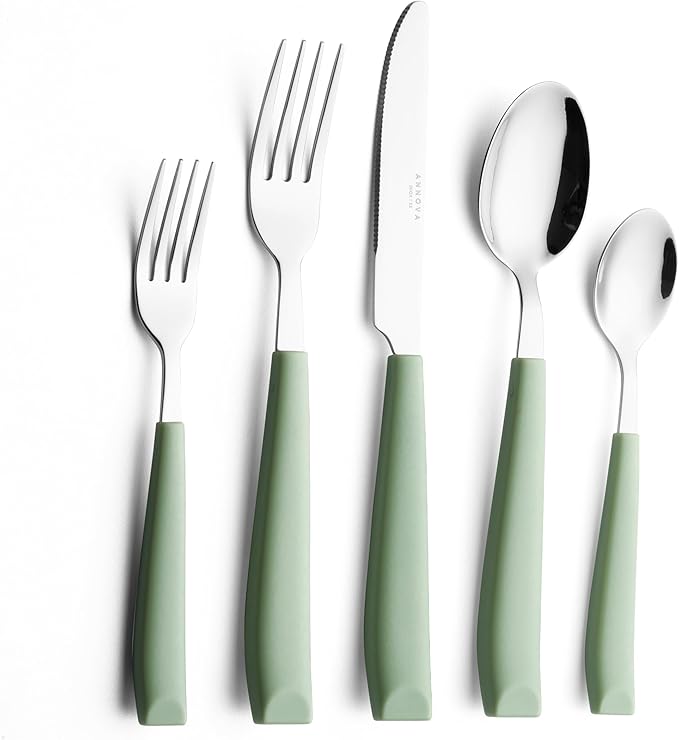 ANNOVA Silverware Set Stainless Steel Colorful Handle Tableware Kitchen Flatware Set Utensils, Includes Dinner Knives, Forks, Spoons, Salad Forks & Dessert Spoons (Sage Green, 20 Pieces)