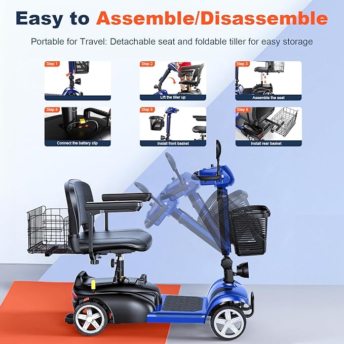 15/25/30/50Miles Eldryvon 4 Wheels Electric Mobility Scooter for Seniors, Dual Basket, 350W Powered Wheelchair with Rotating Seat, Mirrors, Foldable Motorized Scooter for Adults (Blue, 30Miles)