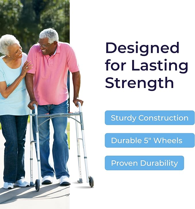 Drive Medical Two-Button Folding Walker With Wheels - Lightweight Rolling Mobility Support - Adjustable Height - Dual Push-Button Operation - 5 Inch Front Wheels - Durable Aluminum - Silver