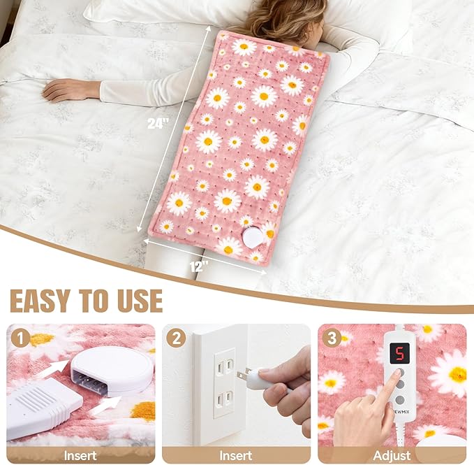Daisy Heating Pad for Back Period Cramps Neck Shoulder Pain Relief, Portable Electric Heat Pads Pink Stuff Gifts Ideas, Funny Useful Self Care Christmas Birthday Gift for Women Mom Her Wife Girlfriend