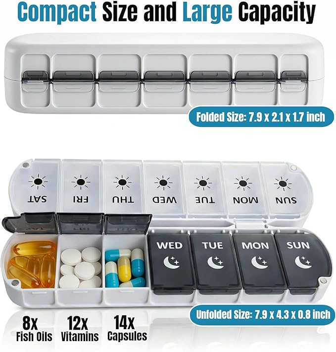 Weekly Pill Organizer 2 Times a Day, Magnetic Foldable AM PM Pill Box with Dual Protection, Large Travel Medication Case for Vitamins, Fish Oils, Supplements (Black & White)