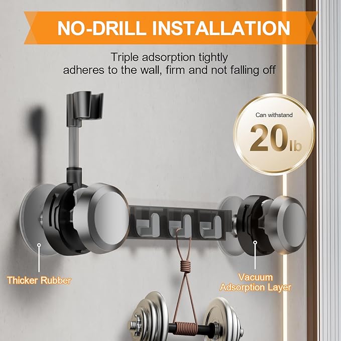 Shower Head Holder Suction Cup with 4 Hanger Hook Wall Mount - 2 in 1 Design - No-Drill Strong Adhesive Shower Wand Bracket - Adjustable Handheld Shower Head Mount - Gun Gray