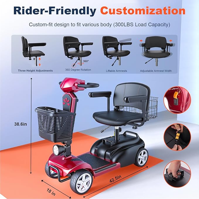 15/25/30/50Miles Eldryvon 4 Wheels Electric Mobility Scooter for Seniors, Dual Basket, 350W Powered Wheelchair with Rotating Seat, Mirrors, Foldable Motorized Scooter for Adults (Red, 30Miles)