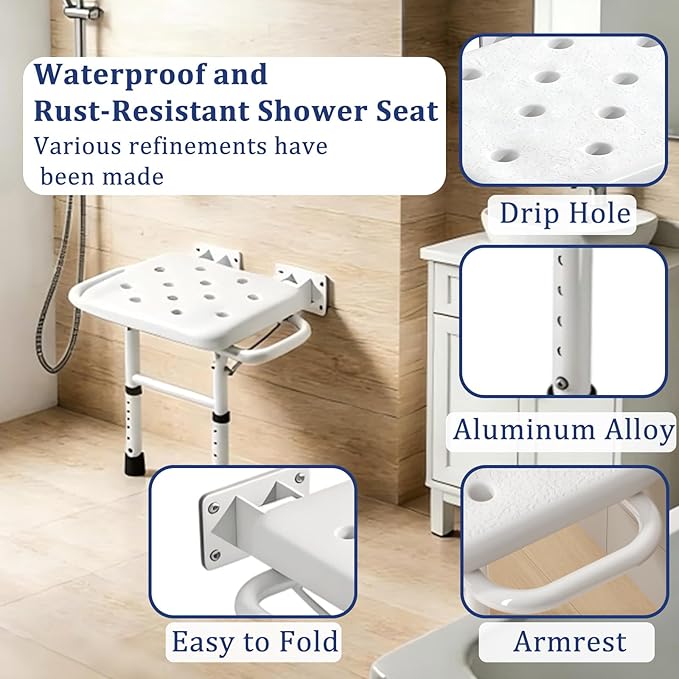 Foldable Wall Mounted Shower Seat, Height Adjustable Bathroom Stool with Armrests, 330lbs Capacity, Rustproof Bath Chair for Seniors, Elderly, Disabled & Pregnant Women