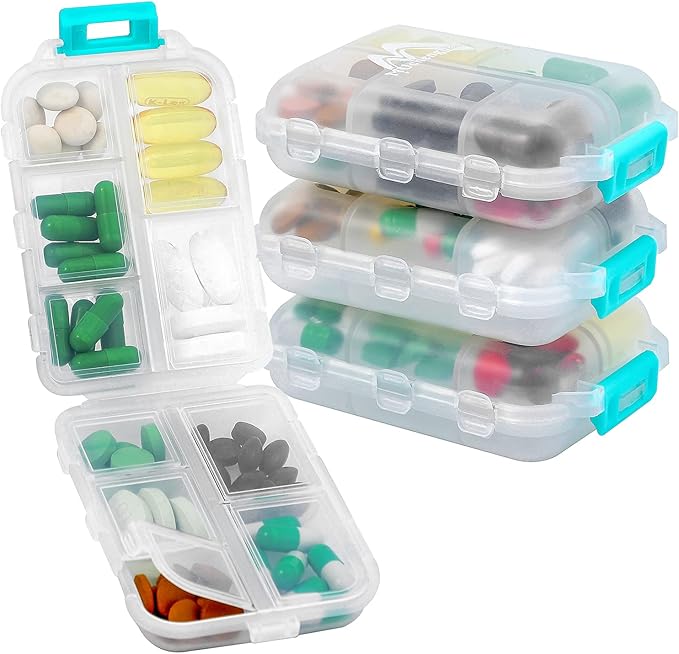 4PS Travel Pill Organizer with 164 Slice Labels，10 Compartments Travel Pill Box Portable Folding Small Pill Case Daily Pill Container Used for Carry Storage Medicine Organizer By M MUchengbao (White)
