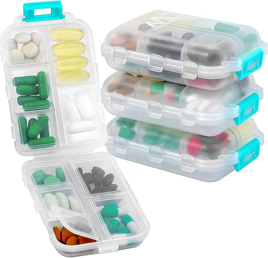 4PS Travel Pill Organizer with 164 Slice Labels，10 Compartments Travel Pill Box Portable Folding Small Pill Case Daily Pill Container Used for Carry Storage Medicine Organizer By M MUchengbao (White)