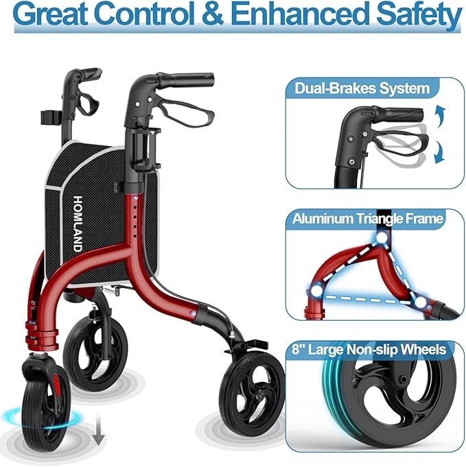 3 Wheel Walkers for Seniors, Foldable Wheeled Rollator with Cane Hold and Cup Hold, Lightweight Three Wheel Rolling Walker Height Adjustable for Seniors,Burgundy
