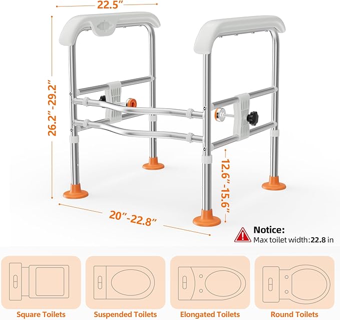 Emergency Alert Toilet Safety Rails for Seniors (665lbs), Adjustable LED Toilet Frame with Call Bell & Handles for Elderly, Foldable Handicap Toilet Aid Support for Most Toilets, Stand Up Assist