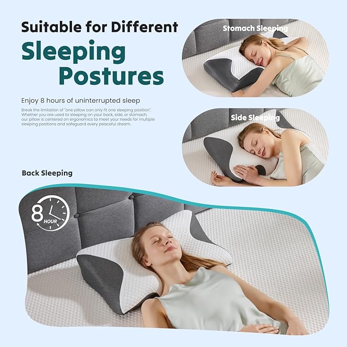DUMOS Cervical Neck Pillow for Sleeping, Cooling Ergonomic Memory Foam Pillow with Arm Rest Slot and Ice Silk Pillowcase, Dual Height Orthopedic Support Contour for Side, Back, Stomach Sleepers