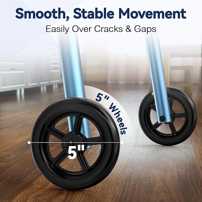 Walkers for Seniors, Folding Walker with Wheels and 2 Skis, Lightweight Rolling Walker Supports Up to 350 Pounds, Adjustable Height, Adult Compact Standard Walkers with Aluminum Frame, Blue