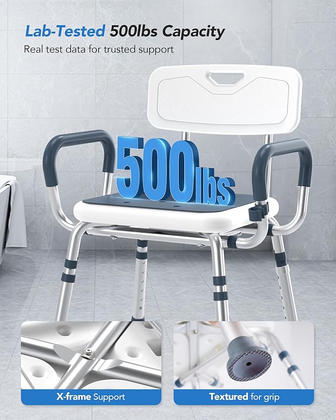 Adjustable Shower Chair for Seniors with Arms and Back, Height Adjustable Bath Seat for Elderly and Disabled, Non-Slip Shower Seat for Inside Shower, HSA/FSA Eligible Bath Chair for Bathtub