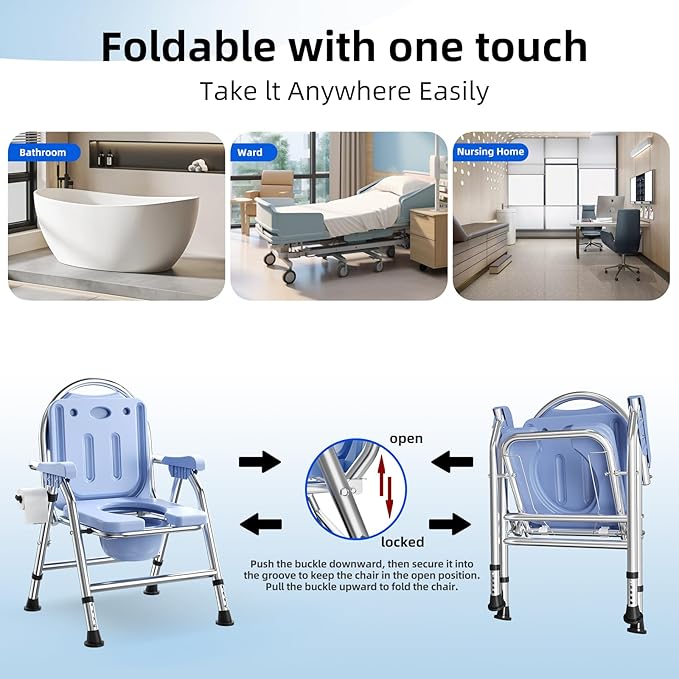 4 in 1 Folding Bedside Commode Chair for Elderly with Arms and Back,Adjustable Height Raised Toilet Seat with Handles,Adults Potty Chair for Seniors,Disabled,Holds Up to 350 lb (ABS Plastic Seat)