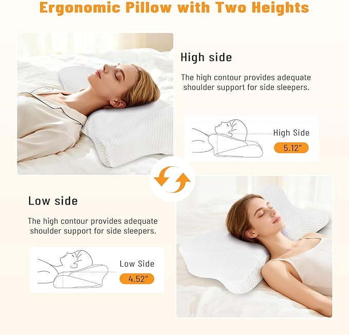 Cervical Neck Pillow Set of 2, Memory Foam Pillow for Neck Pain Relief, Ergonomic Bed Pillow with Neck Support for Side, Back & Stomach Sleepers, Queen, White