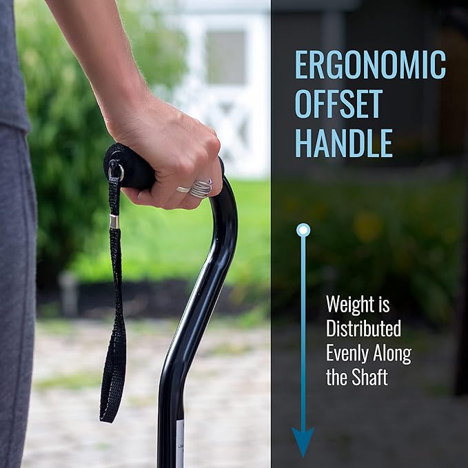 DMI Walking Cane and Walking Stick for Adult Men and Women, FSA Eligible, Lightweight and Adjustable from 30-39 Inches, Supports up to 250 Pounds with Ergonomic Hand Grip and Wrist Strap, Black