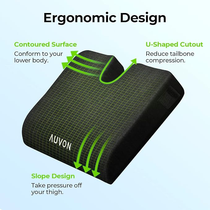 AUVON Wheelchair Seat Cushions (18"x16"x3") for Sciatica, Back, Coccyx, Pressure Sore and Ulcer Pain Relief, Memory Foam Pressure Relief Cushion with Removable Strap, Breathable & Waterproof Fabric