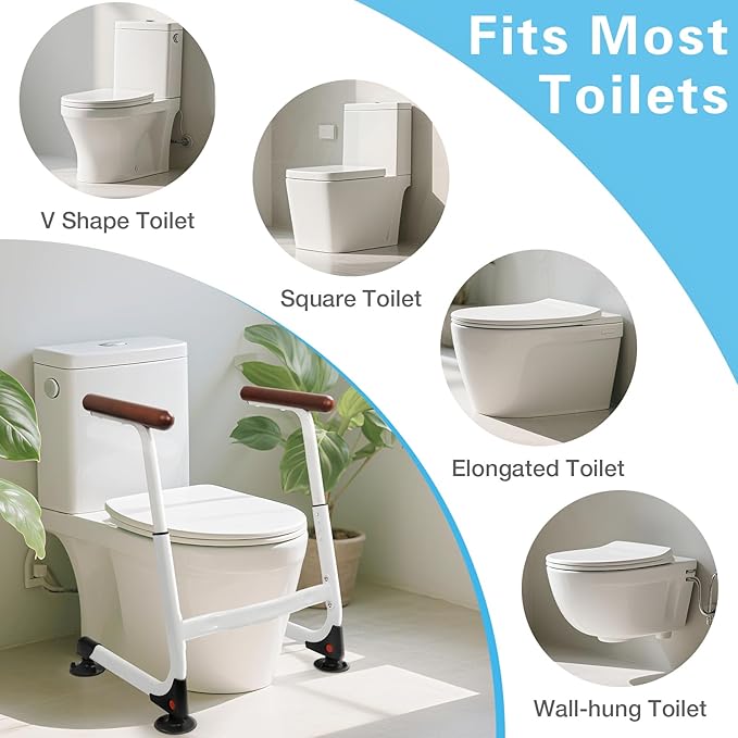 Toilet Safety Rails, Stable Toilet Handles for Elderly and Disabled with 4 Suction Cups, Adjustable Height Toilet Rails for Seniors with, Toilet Assist Rails Handrails Up to 350 LBS, Brown Color