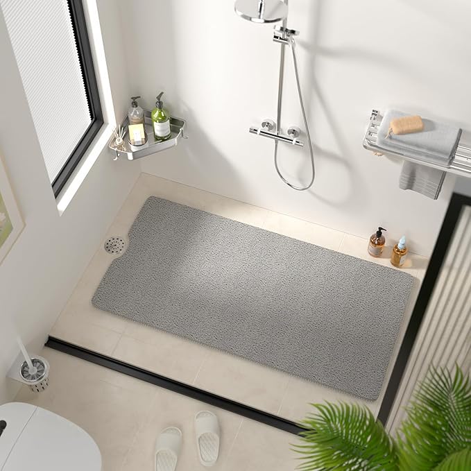 HITSLAM Non Slip Bathtub Mat 40 x 20 Inch, Extra Long Bath Mat for Tub, Soft PVC Loofah Shower Floor Mat with Drain, Quick Drying Bathroom Tub Mat for Wet Area, Without Suction Cup, Grey