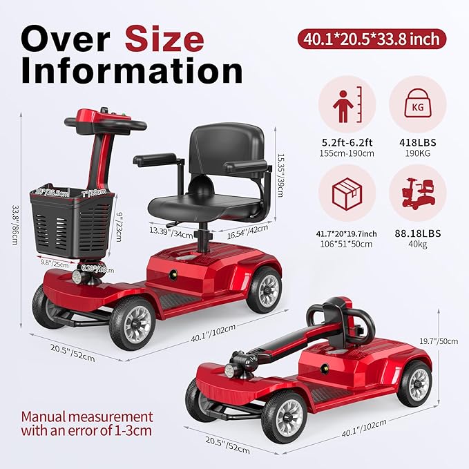 Mobility Scooter for Seniors, Red,420 lbs Capacity -12.4 Miles Range 4 Wheel Electric Scooter with Seat, 20° Hill Climb, 300W Motor, Easy to Operate and Foldable