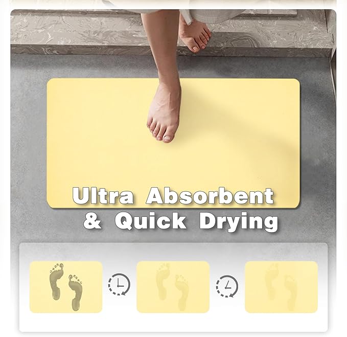 TYUU Bathroom Mat Quick Dry, Bathroom Rugs Non Slip Washable Thin Absorbent Bath Mat Fits Under Door Bathroom Floor Mat Perfect for Bath, Shower, or Sink 24"x36" Light Yellow