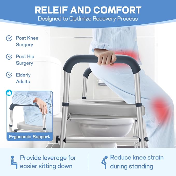 Raised Toilet Seat with Handles, Toilet Seat Riser for Seniors with Adjustable Height & Width, Extra Support Bars for Soft Padded Seat Handicap Elevated Toilet Seat for Elderly, Fit Any Toilet