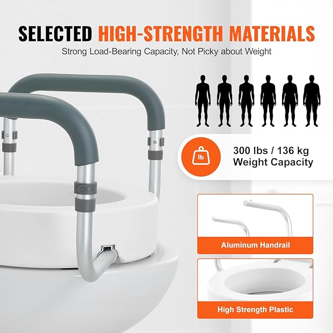 VEVOR Raised Toilet Seat, 3.5" Height Raised, 300 lbs Weight Capacity, for Standard Round Toilet, Aluminum Handrail, with EVA Armrest Padding, for Elderly, Handicap, Patient, Pregnant, Medical