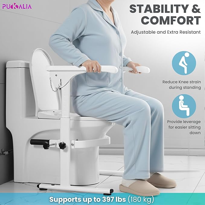 Toilet Safety Rails for Seniors - Adjustable Toilet Seat Riser with Handles, 397 lbs Heavy Duty Medical Stand Assist Frame, Handicap Bathroom Safety Rails Fits Most Toilets, Tool-Free Assembly, White