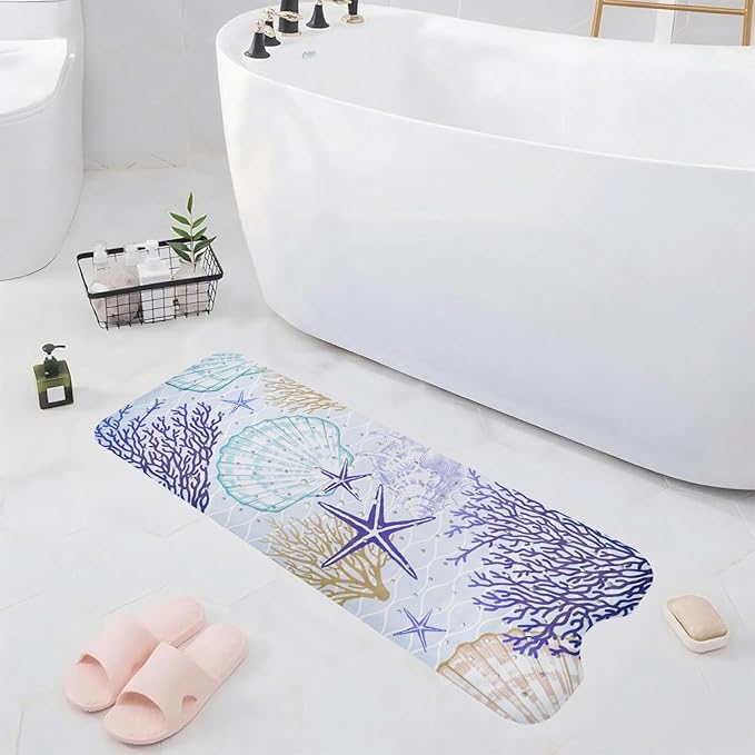 Ocean Bathtub Mat Non Slip, Cute Baby Bath Mat for Tub Rubber Tub Mat, Coral Seashells Toddler Kids Bath Mats for Bathroom Anti Slip Shower Mat with Suction and Drain Holes Machine Washable, 40″x16″