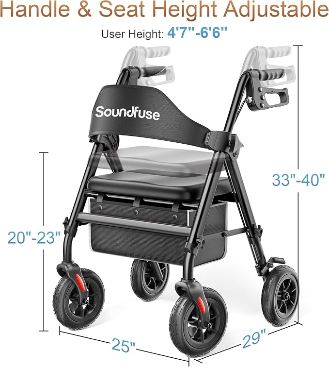 SOUNDFUSE Rollator Walkers for Seniors with Seat, Foldable Lightweight Rolling Walker with 8" Big PU Wheels, Ergonomic Seat, Dual Height Adjustment