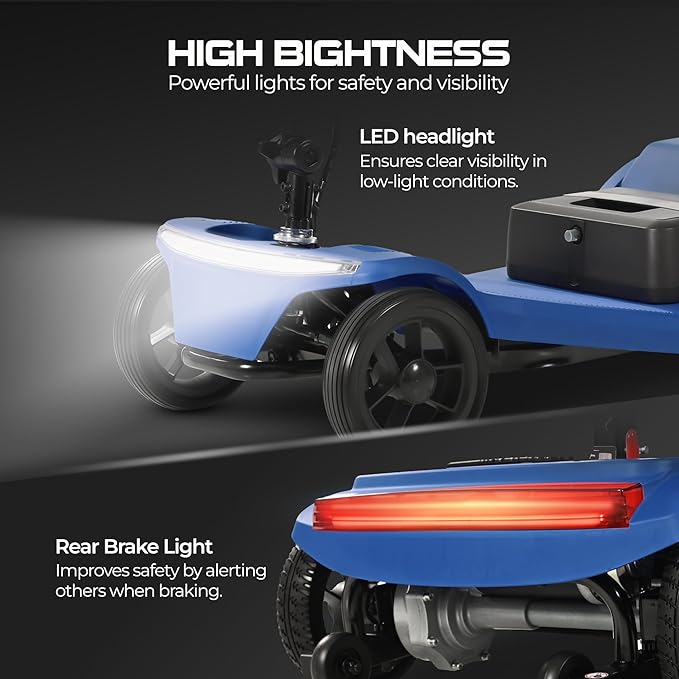 Metro Mobility 4 Wheel Powered Mobility Scooters, 330 lbs Capacity Mobility Scooters for Adults, Folding Mobility Scooter Lightweight, Electric Scooters for Seniors 20 Miles Range LED Light Blue