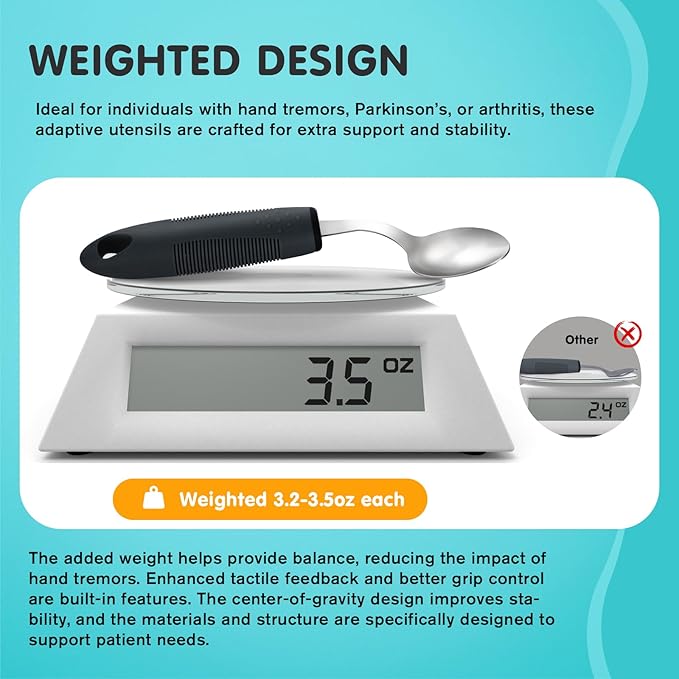 AuntyFey 4Pcs Weighted Adaptive Utensils, 45°Angled Parkinsons Utensils for Elderly, Weighted Utensils for Hand Tremors, 3.5oz Weighted Built Up Utensils for Parkinson, Disabled, Black, Left-Handed